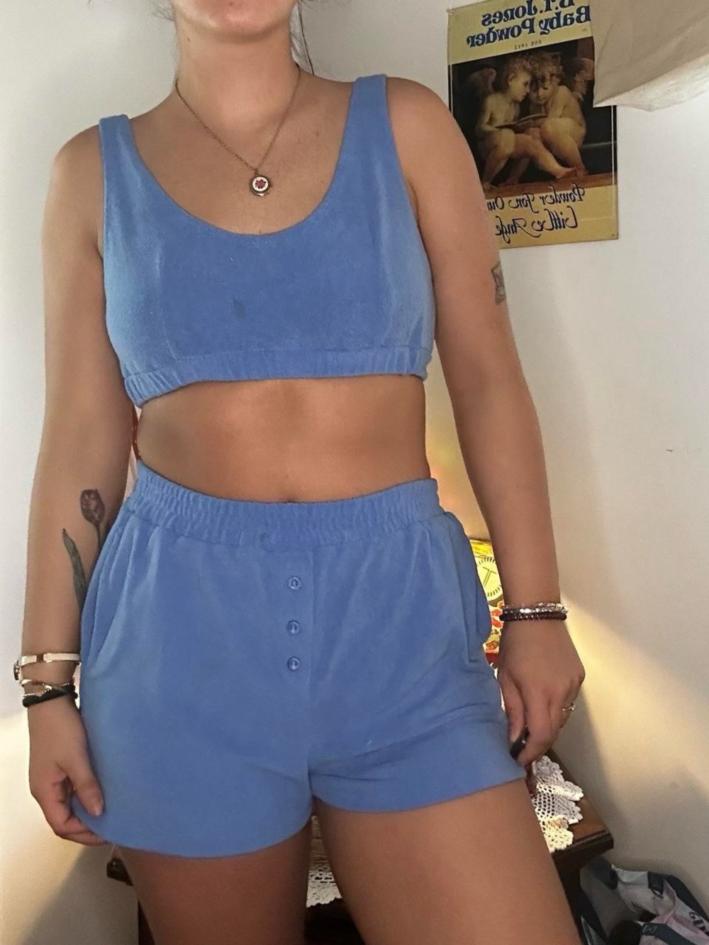 Light Blue Scoop Crop Pajama Set with Elastic Waist Shorts